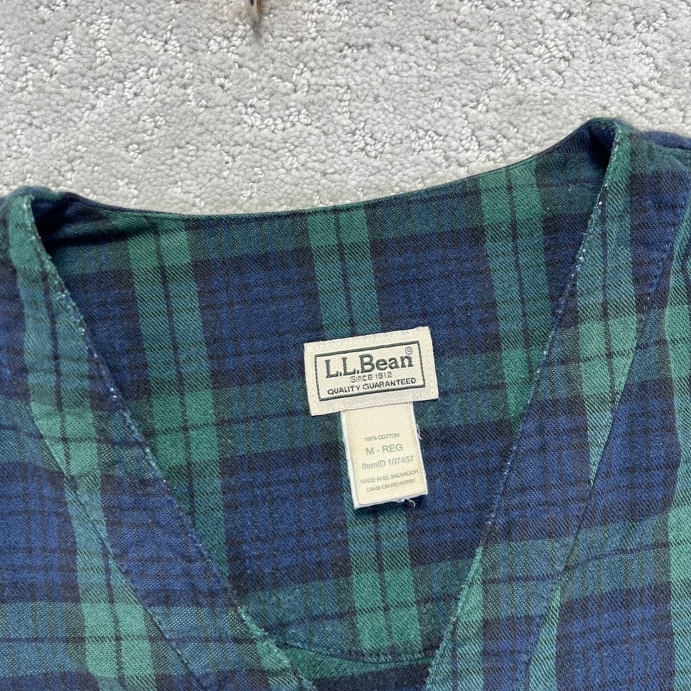 VINTAGE LL Bean Night Shirt Size L Green Blue Plaid Longsleeve Henley Pajama - Picture 7 of 16
